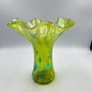 Glass Eye Studio Iridescent Hand Blown Art Glass Ruffle Vase Green Blue